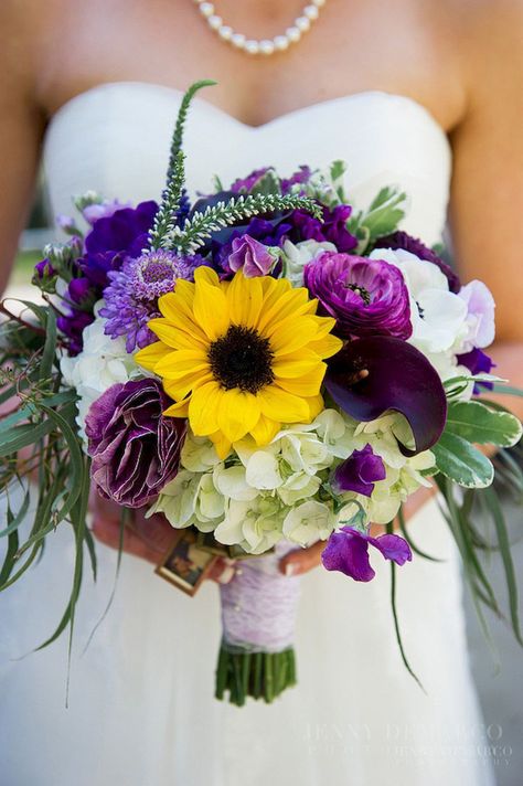 Purple Wedding Florals, Backyard Wedding Decorations, Purple Calla Lilies, Rustic Sunflower Wedding, Wedding Ideas Reception, Sunflower Arrangements, Sunflower Wedding Bouquet, Sunflower Themed Wedding, Wedding Color Combos