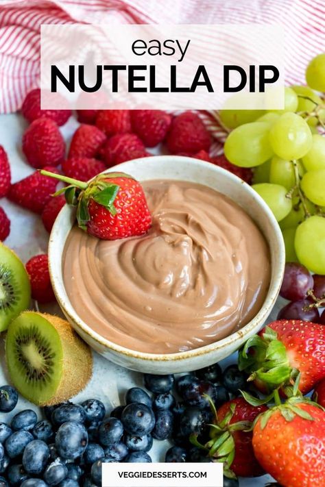 This 2-ingredient Nutella Dip tastes incredible and is so easy! It has a tangy cheesecake taste with the rich chocolateness of the hazelnut spread. Perfect as a fruit dip, a simple dessert or as a pancake topping. #nutella #nutelladip #nutelladippingsauce #fruitdip #nutellacheesecakedip Nutella Dip Recipes, Nutella Fruit Dip, Chocolate Hazelnut Cheesecake, Fruit Taco, Nutella Dip, Hazelnut Cheesecake, Pancakes On A Stick, Chocolate Dip, Vegetable Cake