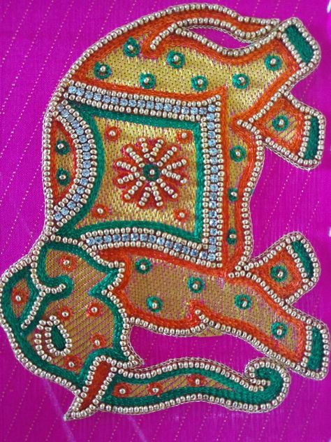 Elephant Drawing For Aari Work, Elephant Aari Design, Gold Embroidery Designs, Elephant Embroidery Design, Peacock Embroidery Designs, Fabric Painting Techniques, Birds Embroidery Designs, Hand Beaded Embroidery, Simple Embroidery Designs