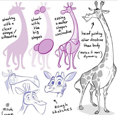 Mitch Leeuwe, Shape Silhouette, Animal Caricature, Cartoon Body, Cartoon Giraffe, Cartoon Drawing Tutorial, Drawing Cartoon Faces, Animal Drawings Sketches, Draw Animals