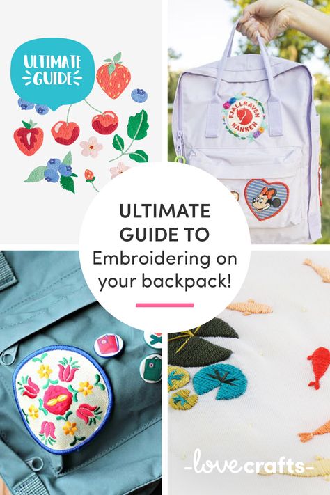 Jazz up an old backpack or make your Fjallraven Kanken less trendy accessory and more personalised perfection with these patterns! | Learn with LoveCrafts.com Embroidered Backpack Diy, Fjallraven Kanken Embroidered Diy, Embroidering Backpacks, Kanken Embroidery Ideas, Backpack Embroidery Ideas, Embroidery On Backpack, Embroderie Patterns Free, Fjallraven Kanken Embroidered, Kanken Backpack Aesthetic