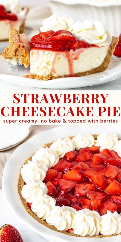 This delicious strawberry cream cheese pie is the perfect berries and cream dessert. It's completely no bake with a deliciously creamy cheesecake filling, berry tipping, and whipped cream #strawberry #creamcheesepie #cheesecakepie #recipe #berries from Just So Tasty https://www.justsotasty.com/strawberry-cream-cheese-pie/ Cream Cheese Pie No Bake, Berries And Cream Dessert, Oatmeal Cream Pie Cheesecake, Strawberry Cream Cheese Dessert, Strawberry Cheesecake Pie, Cheesecake Pies, Whipped Cream Strawberry, Strawberry Cream Cheese Pie, Cream Cheese Pie Recipes