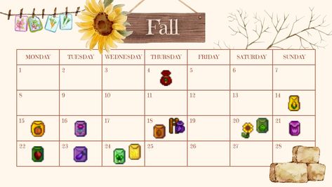 Stardew Valley Fall, Plant Calendar, Planting Calendar, Game Concept, Stardew Valley, The Last Day, Last Day, Animal Crossing, Planting