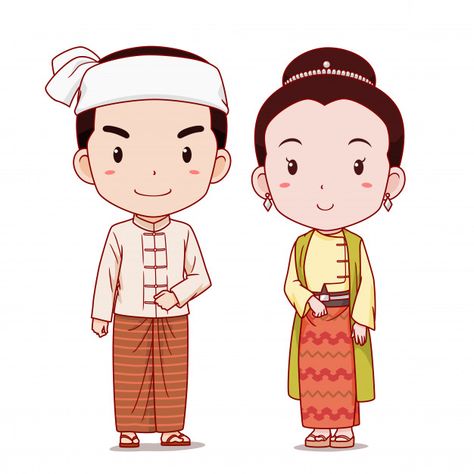 Couple of cartoon characters in myanmar traditional costume. Premium Vector | Free Vector #Freepik #vector #freewedding #freevintage #freepeople #freelove Thadingyut Festival Drawing, Myanmar Student, Couple Cartoon Characters, Wedding Couple Cartoon, Myanmar Art, Vintage People, Student Cartoon, Photo Album Design, Myanmar Traditional