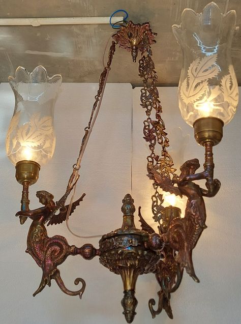 Art Nouveau Lighting, Glass Mermaid, Old Lamps, Hanging Chandelier, Romantic Lighting, Antique Chandelier, Ceiling Hanging, Antique Lighting, Brass Chandelier