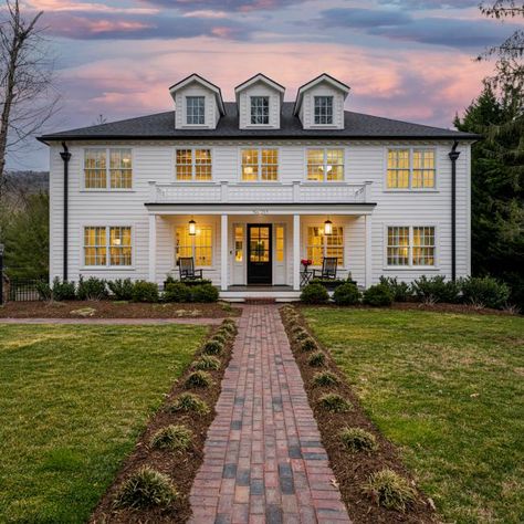 Colonial House Landscaping, Brick Balcony, Colonial Curb Appeal, White Home Exterior, Pale Blue Walls, New England Colonial, White Colonial, Front Balcony, House With Balcony