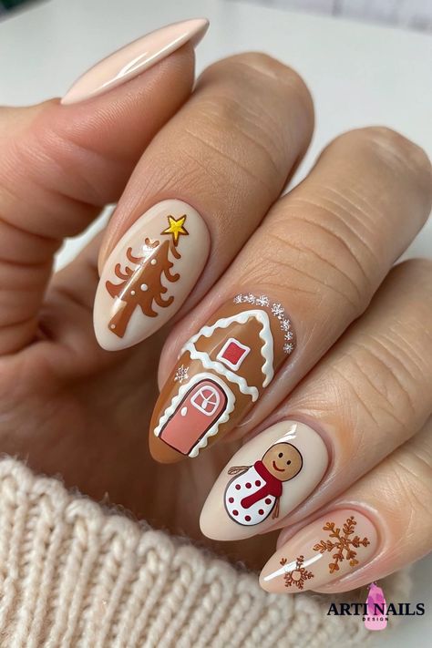 Gingerbread and snowflake holiday nails. Ginger Bread Man Nails Design, Smores Nails, Gingerbread House Nail Art, Intricate Christmas Nails, Creative Christmas Nails, Christmas Tree Nails Designs, Gingerbread House Nails, Gingerbread Nail Art, Christmas Tree Nail Designs