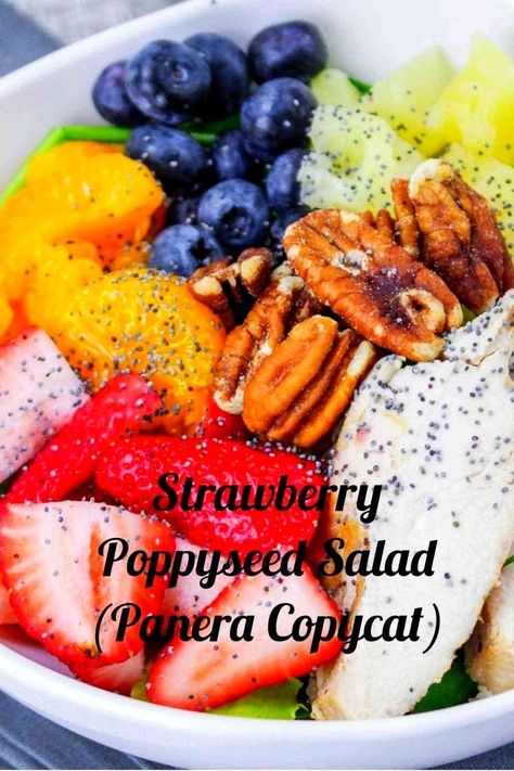 Our copycat Panera Strawberry Poppyseed Salad boasts the vibrant taste of fresh strawberries complemented with the crunchy texture from a homemade poppy seed dressing. Enjoy all flavor without having to pay restaurant prices by making this salad at home! Salad Without Dressing, Panera Strawberry Poppyseed Salad, Poppyseed Salad Dressing, Strawberry Poppyseed Salad, Panera Salad, Poppyseed Salad, Homemade Fruit Popsicles, Salad At Home, Copycat Panera