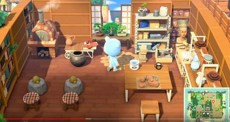 Acnh Crafting Area, Animal Crossing Art Studio, Acnh Art Studio, Acnh Pottery Studio, Acnh Crafting Area Ideas, Animal Crossing Pottery Studio, Acnh Workshop Area, Acnh Pottery Area, Animal Crossing Workshop Area