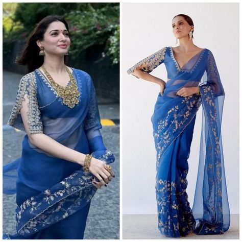 Tamannaah Saree, Blue Organza Saree, Traditional Blouse Designs, Anarkali Dress Pattern, Clothing Guide, Fashion Design Sketchbook, Blue Saree, Bridal Photoshoot, Stylish Sarees