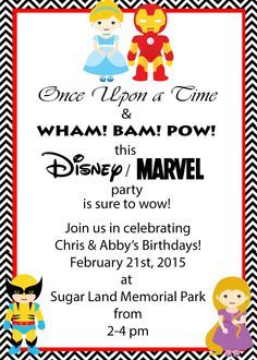 Marvel and Disney Party, Princess and Superhero Party invitation Princess And Marvel Party, Princess And Superhero Party Invitations, Boy Girl Shared Birthday Party Ideas, Princess And Superhero Party Ideas, Princess Superhero Party, Princess And Superhero Party, Marvel And Disney, Shared Birthday Parties, Superhero Party Invitations