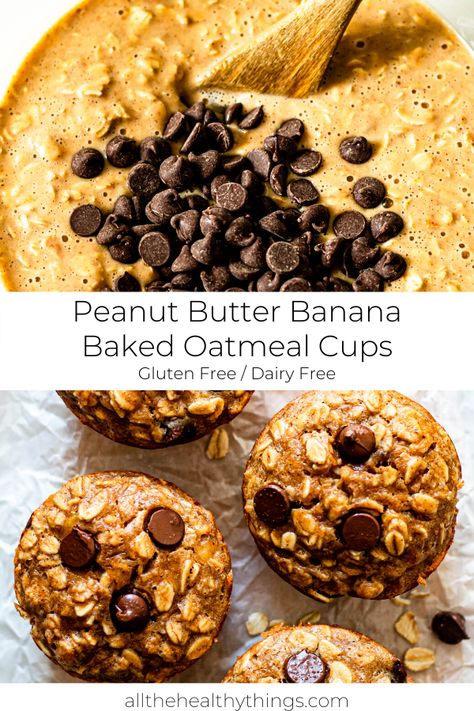 Healthy Peanut Butter Banana Baked Oatmeal Cups filled with mashed banana, gluten free oats, pure maple syrup and the perfect amount of chocolate chips. A simple, easy recipe that is perfect for a quick breakfast or snack. Peanut Butter Banana Baked Oatmeal, Snack Sani, Banana Baked Oatmeal, Peanut Butter Banana Muffins, Baked Oatmeal Cups, Camp Food, Oatmeal Cups, Gluten And Dairy Free, حلويات صحية