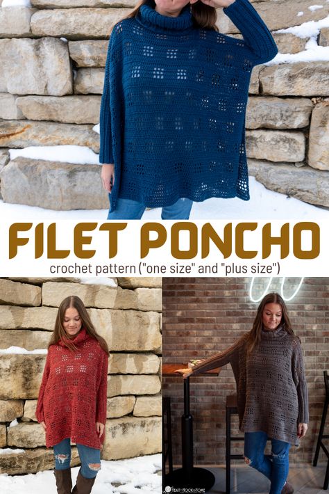 Available in One Size or Plus Size, this poncho with sleeves is roomy, flowy, and warm. It's got a peek-a-boo effect... it's simply fabulous! Knitted Poncho Patterns, Crochet Poncho With Sleeves, Poncho Crochet Pattern, Poncho With Sleeves, Crochet Charts, Crochet Poncho Free Pattern, Poncho Crochet, Filet Crochet Charts, Crochet Poncho Patterns