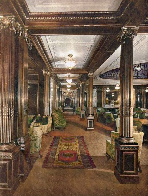 Cruise Interior, Ocean Liner Aesthetic, Ocean Liner Interior, Pirate Ship Aesthetic Interior, Titanic Aesthetic Ship, Titanic Interior Aesthetic, Titanic Interior, Titanic Dining Room, Titanic 1st Class Suites