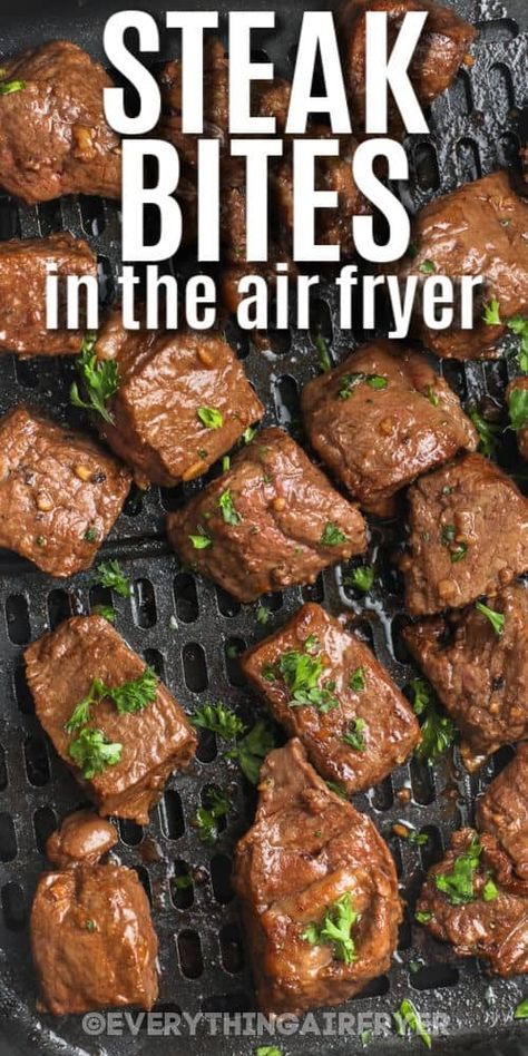 Whether cooking with a Ninja, Cosori, or a Vortex, this easy recipe for air fryer steak bites is sure to come out perfectly. All that is needed are easy marinade ingredients and the best entree or appetizer will be ready for snacking, dipping, and dunking. Flavorful and crispy steak bites are always a treat worth making! #airfryersteakbites #garlicbutter #recipes #everythingairfryer Marinade For Steak Bites, Chislic Recipe, Cowboy Butter Sauce, Steak Bites With Mushrooms, Air Fryer Steak Bites, Asian Steak, Cowboy Butter, Ways To Cook Steak, Asian Steak Bites