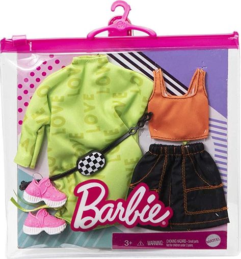 Red Overalls, Barbie Gifts, Baby Barbie, Dress Barbie Doll, Green Sweater Dress, Barbie Clothing, Short Black Skirt, Barbie Toys, Green Sweatshirt