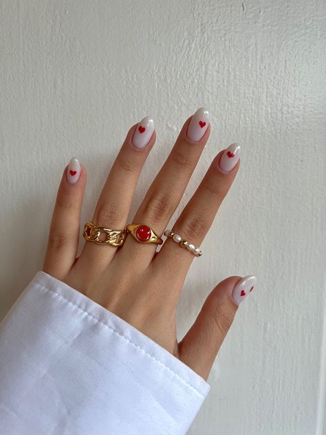 Healthcare Worker Nails, Red Shirt Nail Designs, Nail Bed Designs, Nails With Red Accent, Nails For A Red Dress, Nails With Red Dress, Dainty Nail Designs, Fun Red Nails, Valintens Nail Ideas