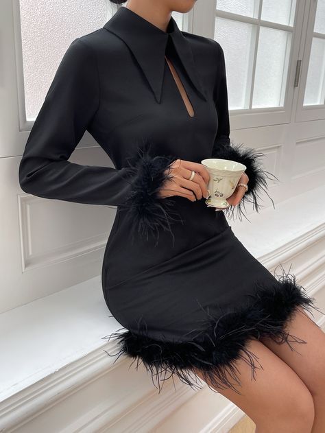 Black Party Collar Long Sleeve Fabric Plain Fitted Embellished Non-Stretch  Women Dresses All Black Party Outfit, Elegant Dresses Classy, Neck Bodycon Dress, Midi Dress Party, Romantic Dress, Women Midi, Black Party, Casual Fall Outfits, Party Dresses For Women