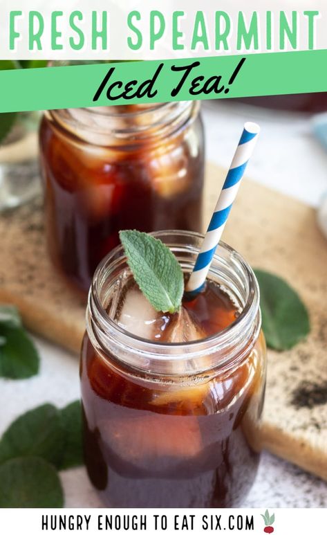 Black tea brewed with fresh spearmint leaves is a refreshing variation on everyone's favorite warm weather beverage. At HungryEnoughToEatSix.com. Aloe Drink, Fresh Mint Tea, Mediterranean Recipes Healthy, Iced Tea Recipe, Spearmint Tea, Tea Drink Recipes, Medicinal Tea, Iced Tea Recipes, Summer Drink Recipes