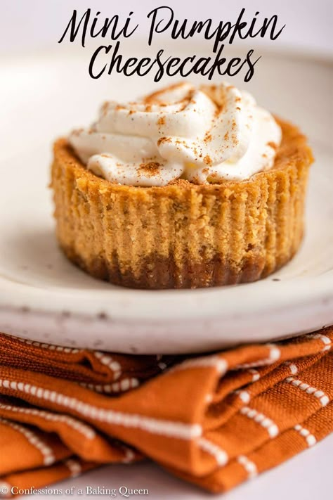 The perfect size these mini pumpkin cheesecakes are a great individual dessert for parties! Step-by-step photos show you how to make these delicious mini cheesecakes, filled with lots of pumpkin and warm spices you will adore this fall inspired dessert! Nutter Butter Cheesecake, Buckeye Balls Recipe, Pumpkin Ricotta, Cheesecakes Recipes, Pumpkin Cheesecake Muffins, Pumpkin Cheesecakes, Gluten Free Pumpkin Recipes, Mini Pumpkin Cheesecake, My First Thanksgiving