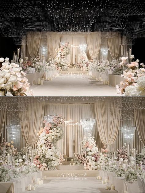 Korean Wedding Reception Decorations, High Ceiling Wedding Decor, Debut Stage Decoration, Ballroom Wedding Decoration, Classic Elegant Wedding Decor, Korean Wedding Decorations, Backdrop Ideas For Wedding, Reception Stage Decoration Backdrops, Draping Wedding Reception