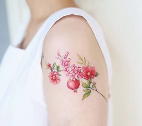 #flower #tattoo #flowertattoo #prettytattoo #smalltattoo #armtattoo #pinktattoo #floraltattoo #pomegranate #pomegranatetattoo #shoulder Pomegranate Tattoo, Flower Tat, Pomegranate Art, Pink Tattoo, Anklet Tattoos, Incredible Tattoos, Flower Tattoo Designs, Trendy Tattoos, Skin Art