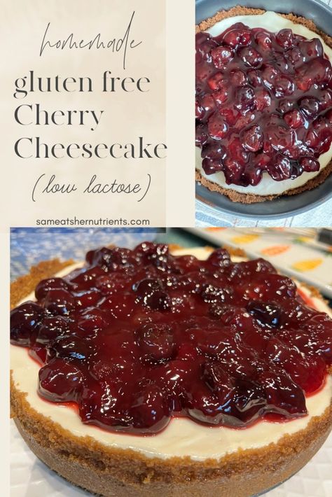 Delicious Gluten Free Cherry Cheesecake Recipe with Lactose Free Cream Cheese | Sam Eats Her Nutrients Lactose Free Cheesecake Recipe, Gf Df Cheesecake, Gluten Free Crust For Cheesecake, No Cook Cherry Cheesecake, Keto Cheesecake With Cherry Pie Filling, Dairy Free Cherry Cheesecake, Lactose Free Cream Cheese, Cream Cheese Cheesecake, Greek Yogurt Toppings