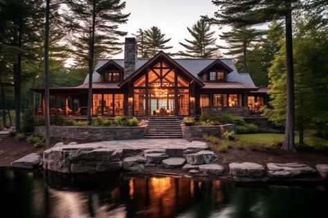 Adirondack lake house design rustic timber, natural stone fireplace, forested lakeside Adirondack House Exterior, Adirondack Lake House, House Design Rustic, Adirondack Homes, Adirondack House, Lake House Design, Natural Stone Fireplace, Natural Stone Fireplaces, Lake Houses Exterior