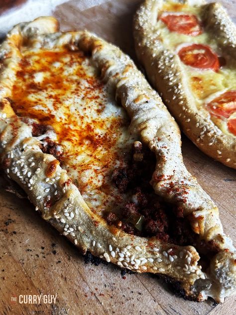 Pide - Turkish Pizza Turkish Pide Bread Recipe, Pide Turkish, Pide Recipe, Pide Bread, Turkish Pide, Turkish Pizza, Shaped Bread, Red Pepper Paste, Meat Pies