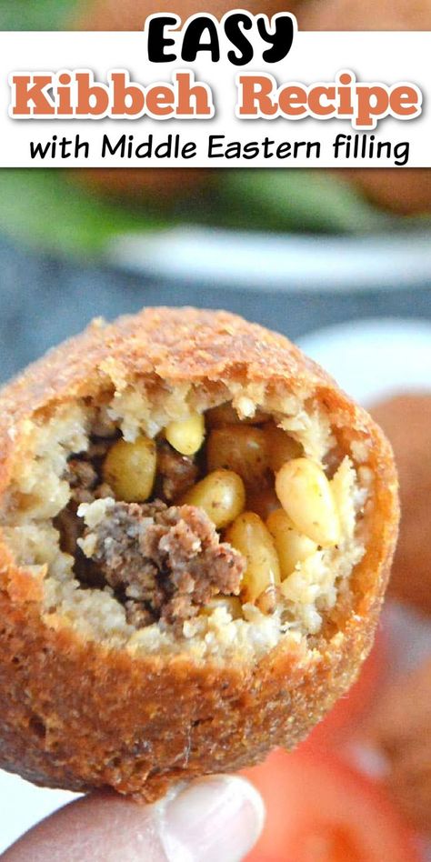 balls of food filled with pine nuts and a meat mixture with Pinterest overlay. Lebanese Kibbeh Recipe, Kibbeh Recipe Lebanese, Middle Eastern Recipes Arabic Food, Kibbeh Recipe, Mixture Recipe, Recipe With Ground Beef, Syrian Food, Middle East Food, Middle East Recipes