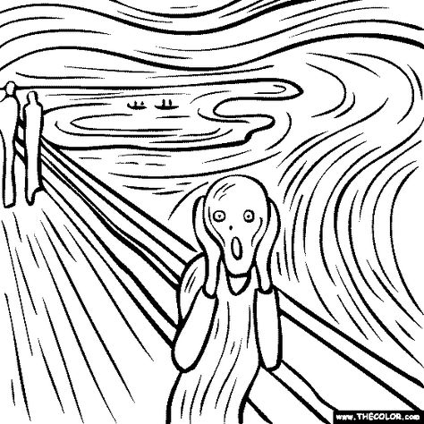 100% free coloring page of Edvard Munch's Painting - The Scream.  Color in the painting and print it out, save it to your library or email it to your friends. Famous Art Coloring, Lukisan Van Gogh, Desenhos Van Gogh, Famous Works Of Art, Drawing Dragon, Famous Artists Paintings, Istoria Artei, Paintings Famous, The Scream