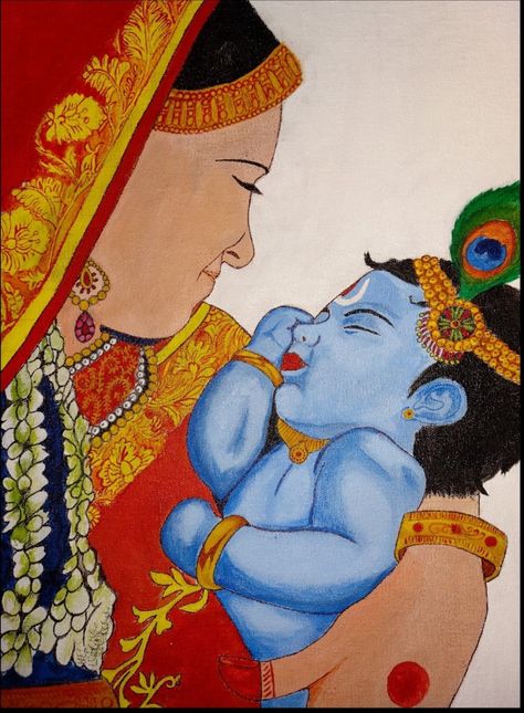 Heart-warming Portrait of Young Lord Krishna being cradled by Mother Yashoda by Mrinal Pandey | @thesleepy_head on Instagram Yashoda And Krishna, Krishna Rangoli, Yashoda Krishna, Poster Drawing, Krishna Painting, Heart Warming, Lord Krishna, Drawing Ideas, Krishna