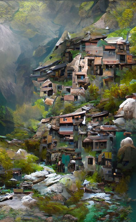 Mountain Village Fantasy Art, Hidden Village, Village Art, Mountain Village, Fantasy Landscape, In The Mountains, Hunger Games, The Mountain, Fantasy Art