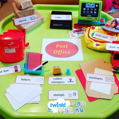 How wonderful is this post office-themed tuff tray?! Thank you so much @all.about.the.play (on instagram) for sharing.  Children will love playing imaginatively with this role play set up whilst learning more about the post office and how to send letters. Post Office Game, Post Office Activities, Post Office Play, Katie Morag, Tuff Tray Ideas Toddlers, Role Play Areas, People Who Help Us, Dramatic Play Preschool, Eyfs Activities