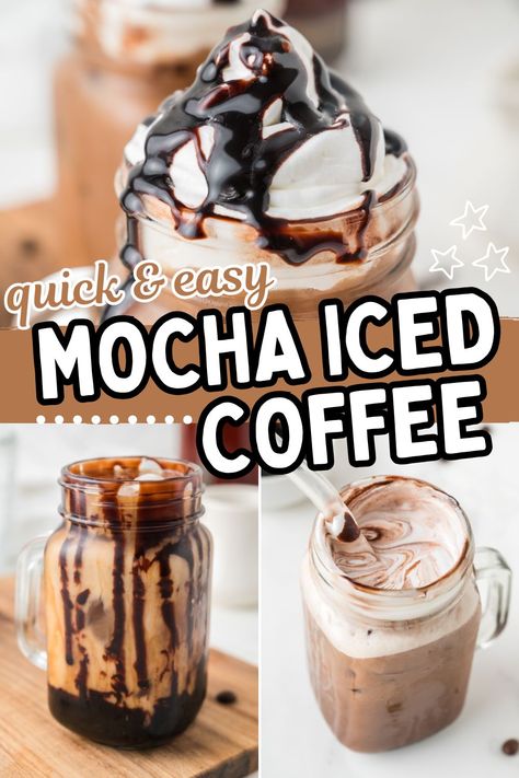 collage of iced chocolate coffee with text mocha iced coffee. Delicious Iced Coffee Recipes, Ice Coffee From Starbucks, Coffee Recipes At Home Easy, Mocha Iced Coffee Recipe, Homemade Iced Coffee Recipe, Easy Coffee Drinks Recipes, Mocha Coffee Recipe, Iced Mocha Coffee, Flavored Coffee Recipes