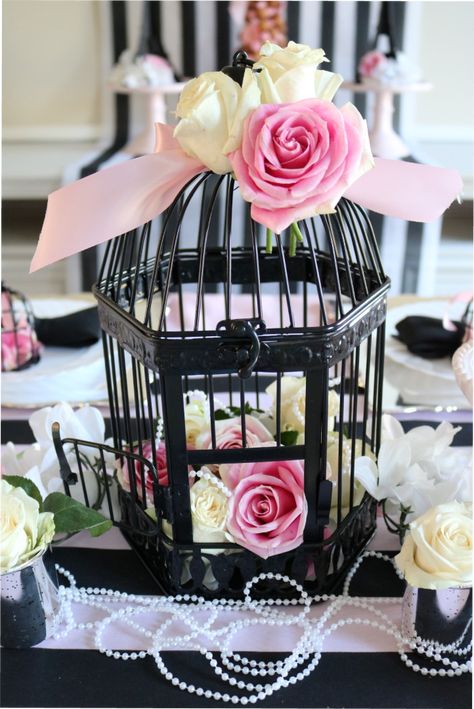 parisian bridal shower ideas Brunch Table Ideas, Birdcage Centerpiece, Paris Theme Decor, Paris Bridal Shower Theme, Chanel Wedding, 80th Birthday Party Decorations, Becoming An Event Planner, Paris Bridal Shower, Parisian Party