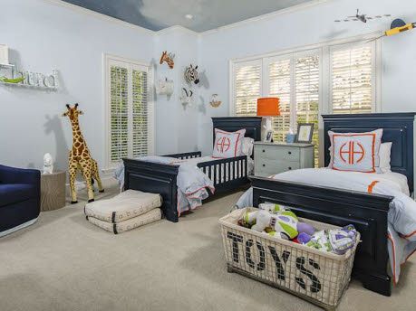 Adorable room for twin boys Formal Master Bedrooms Decor, Hh Monogram, Blue Beds, Toys Basket, Animal Mounts, Monochromatic Blue, Bedding Blue, Furniture Colors, Dark Ceiling