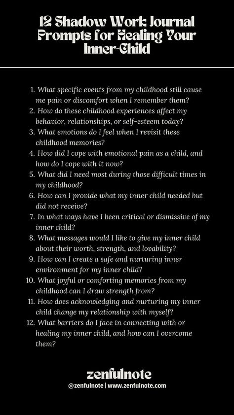 Healing your inner child is a critical aspect of shadow work, focusing on addressing and soothing the wounds carried from childhood. This process aims to foster self-understanding, compassion, and integration, leading to a more harmonious and fulfilled self. Approach these questions gently and with an open heart, allowing yourself time and space to process and heal. Shadow Work Prompts For Healing, Journal Prompts For Healing, Prompts For Healing, Healing Your Inner Child, Work Journal Prompts, Shadow Work Journal Prompts, Shadow Work Journal, Daily Journal Prompts, Work Journal