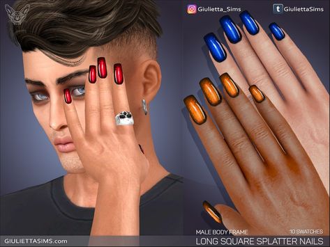 The Sims Resource - Long Square Splatter Nails (male body frame) Cc Nails, Sims 4 Male, Sims 4 Nails, Splatter Nails, Sims 4 Studio, Los Sims, Jeweled Earrings, Body Frame, Ts4 Cc