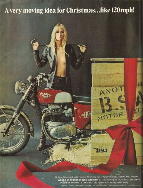 Merry Christmas from BSA. Motorcycle Advertising, Bike Ads, Bike Posters, Old School Art, Motorcycle Ads, Rockabilly Cars, Bsa Motorcycle, Bike Woman, Vintage Motorcycle Posters