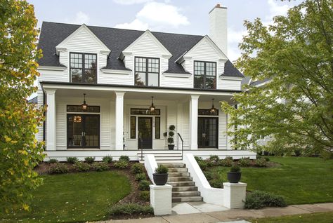 Modern Colonial Four-Square - Transitional - Exterior - Minneapolis - by Charlie & Co. Design, Ltd | Houzz Homes With Porches, Black Gutters, Modern Cape Cod, Cape Cod Exterior, Cape Cod House Exterior, Modern Cape, Transitional Exterior, Farmhouse Exterior Design, Cape Cod Style House