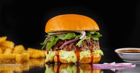 Asian Burger - Wasabi Burger Recipe | Perdue Farms Asian Burger Recipe, Asian Bbq Sauce, Burger Party, Smash Burger, Asian Flavors, Tasting Table, Grass Fed Beef, Food Shows, Burger Recipes