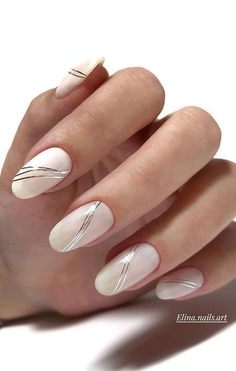 Swirly Silver Nail Designs Freya Makeup, Nails With Silver Lines, Nails With Gold Accent, Line Nail Designs, Nails Bridal, Silver Nail Designs, White And Silver Nails, Bridal Nail Art, Milky Nails