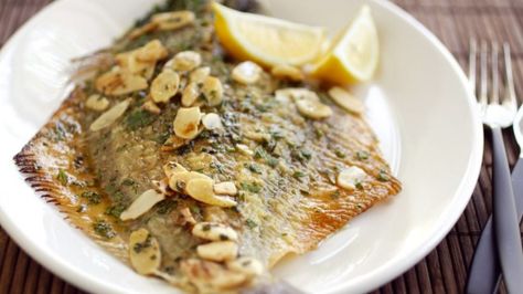 This dish is a bit of a classic; the combination of nutty brown butter, lemon and parsley is great, and the almonds give it texture. Pan Fried Flounder, Fried Flounder, Flounder Recipes, Seafood Lunch, Brown Butter Sauce, Advice For Parents, Shrimp Dishes, Chicken Pasta Recipes, Event Food