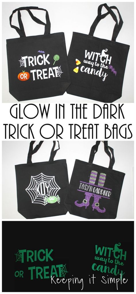 Glow In The Dark Vinyl Ideas, Halloween Bags For Kids Trick Or Treat, Trick Or Treat Bag Ideas, Cricut Halloween Projects, Diy Halloween Trick Or Treat Bags, Money Thoughts, Halloween Totes, Halloween Trick Or Treat Bags, Silhouette Halloween