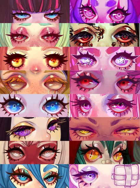 Eye Styles Art, Pretty Anime Eyes, Multiple Eyes Character, Oc Eyes Ideas, Eye Styles Drawing, Eye Base Drawing, Eye Drawing Styles, Eye Art Styles, Anime Eyes Reference