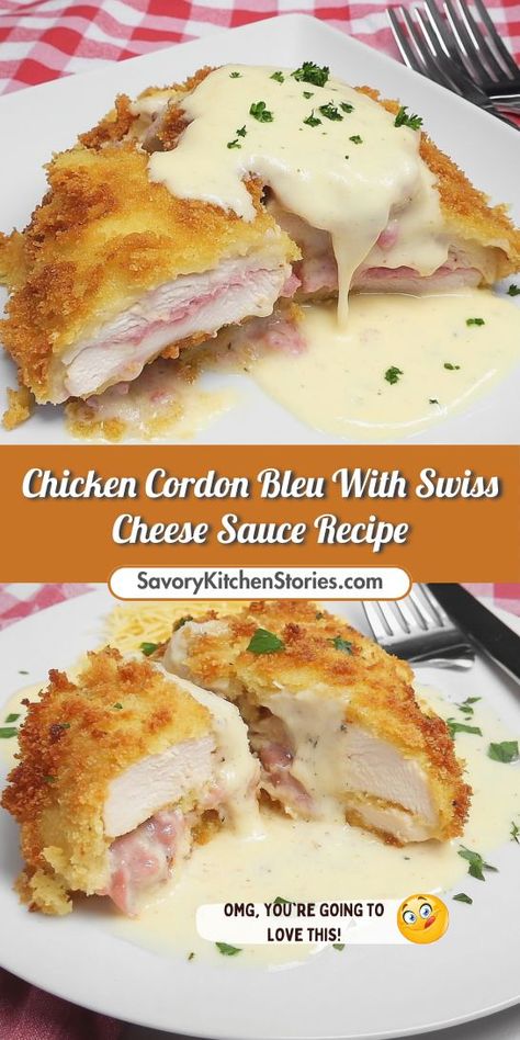 Ready to elevate your chicken breast recipes? This Chicken Cordon Bleu with Swiss cheese sauce is a deliciously satisfying choice for any occasion. With easy-to-follow steps, you can create a restaurant-quality meal at home. Be sure to save this recipe for a tasty dinner idea later! Cordon Bleu Sauce Easy, Chicken Tender Cordon Bleu, Hasselback Chicken Cordon Bleu, Chicken Cordon Bleu Easy Recipe, Chicken Rollatini Recipes, Cord On Blue Chicken, Stuffed Chicken Cordon Bleu, Chicken Cordon Bleu Sauce Easy, 6 Sisters Recipes