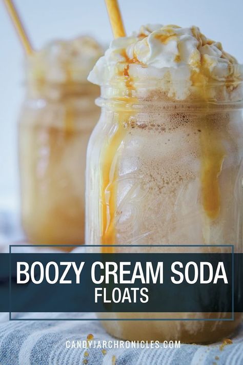 Boozy Cream Soda Floats is THE ice cream treat for summer. An easy recipe mixing vanilla ice cream, A&W cream soda and spiced rum creates a fizzy, creamy adult drink. Perfect for hot days. Looking for a non-alcoholic version suitable for the kiddos, just omit the booze. Finish it off with whipped cream and caramel sauce  #icecreamfloat #creamsoda #floats #booze via @Candy Jar Chronicles Alcoholic Ice Cream, Boozy Ice Cream, Ice Cream Cocktails, Boozy Milkshake, Soda Floats, Float Recipes, Ice Cream Drinks, Ice Cream Floats, Rum Cocktails