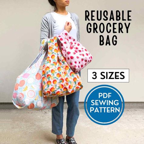 How to Make a Reusable Grocery Bag (Free Pattern) - MindyMakes Grocery Bag Storage Pattern, Shopping Bag Free Pattern, Making Grocery Bags, Sewing Shopping Bags Free Pattern, Sew Reusable Grocery Bags, Farmers Market Bag Pattern, Reusable Bag Sewing Pattern, Fabric Shopping Bags Free Pattern, Sewing Projects To Sell Farmers' Market