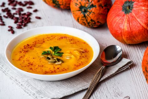 Creamy Pumpkin Soup With Indian Spices ��– Dr. Kellyann Pumpkin And Ginger Soup, Pumpkin Soup Recipe Easy, Broth Diet, Bone Broth Diet, Creamy Pumpkin Soup, Pumpkin Soup Recipe, Toasted Pumpkin Seeds, Broth Recipes, Tomato And Cheese